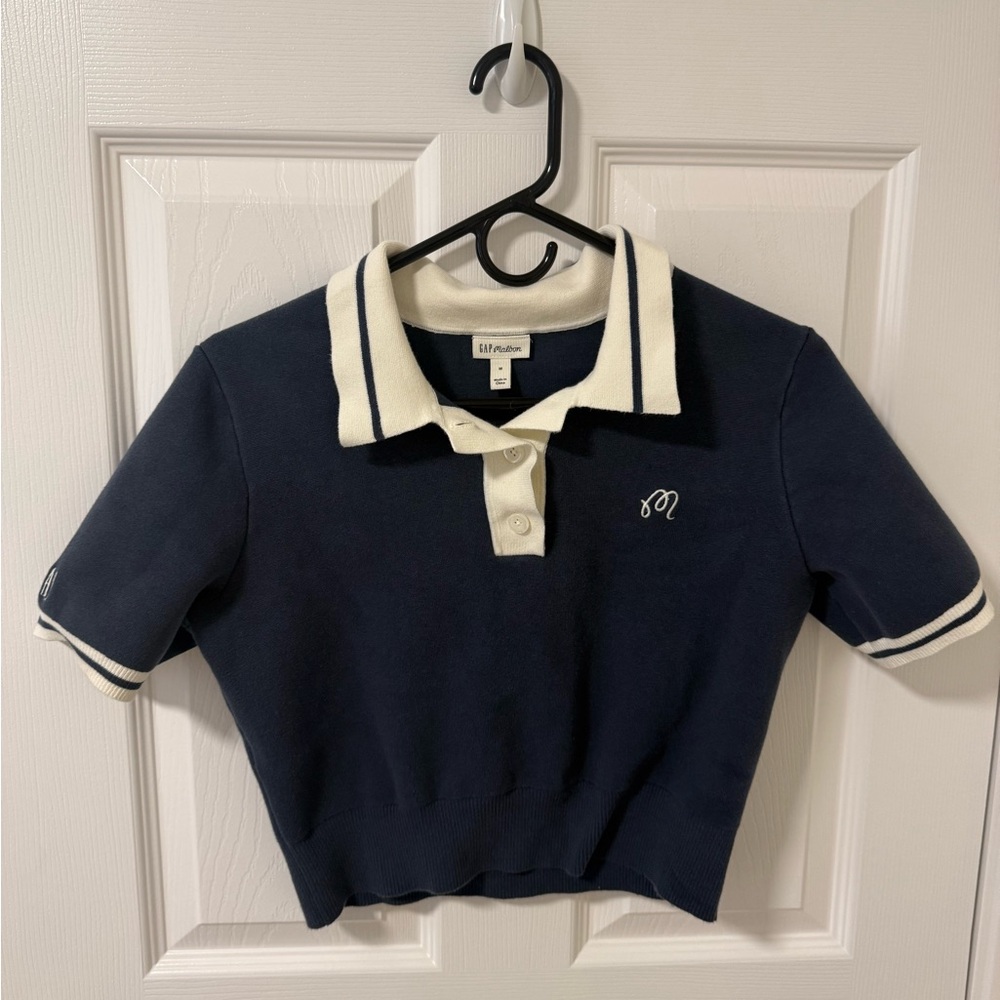 GAP Navy and Cream Cropped Polo Top